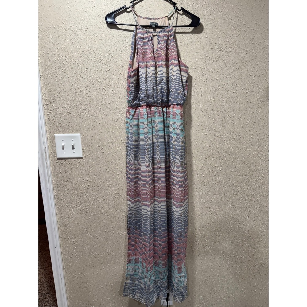 Lily Rose Womens Small Blue Red Chevron Geometric Halter‎ Neck Maxi Dress Boho